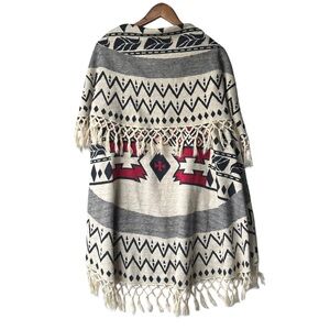 NWT Vintage America Blues Aztec Fringe Vest Wrap Shawl Poncho S/M